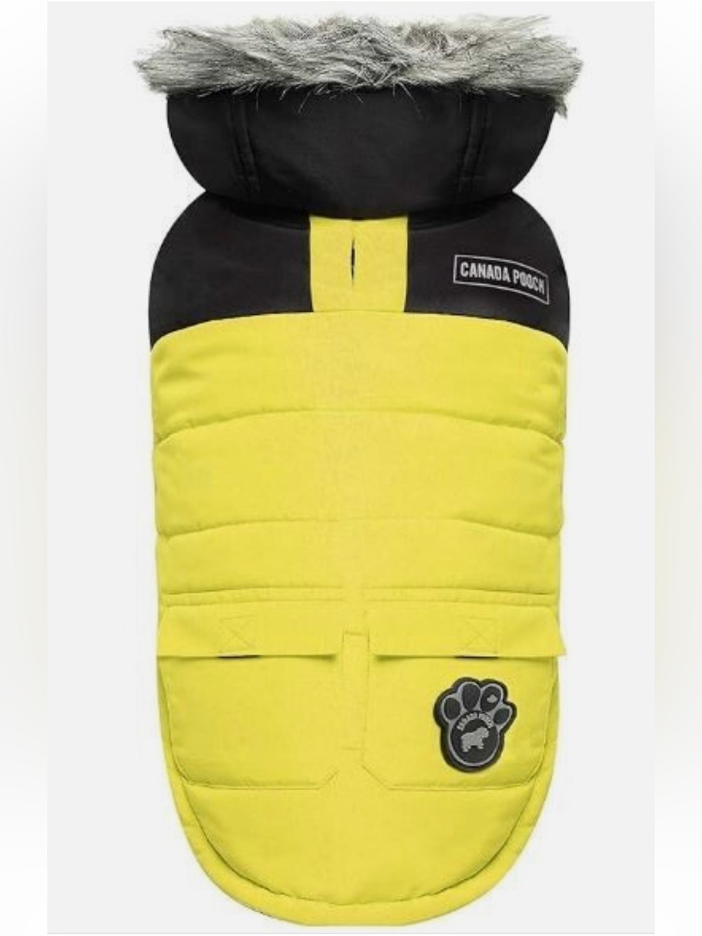 Canada Pooch Yellow & Black Insulated Dog Parka with Faux Fur Hood